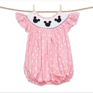Minnie Mouse Smocked Bubble Romper- light pink polka dot